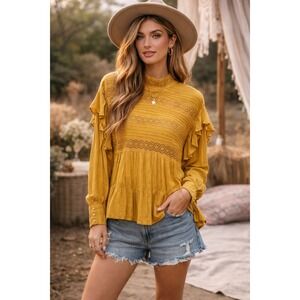 Free People Mustard Yellow Ruffle Lace Mock Neck Peasant Blouse Top XS